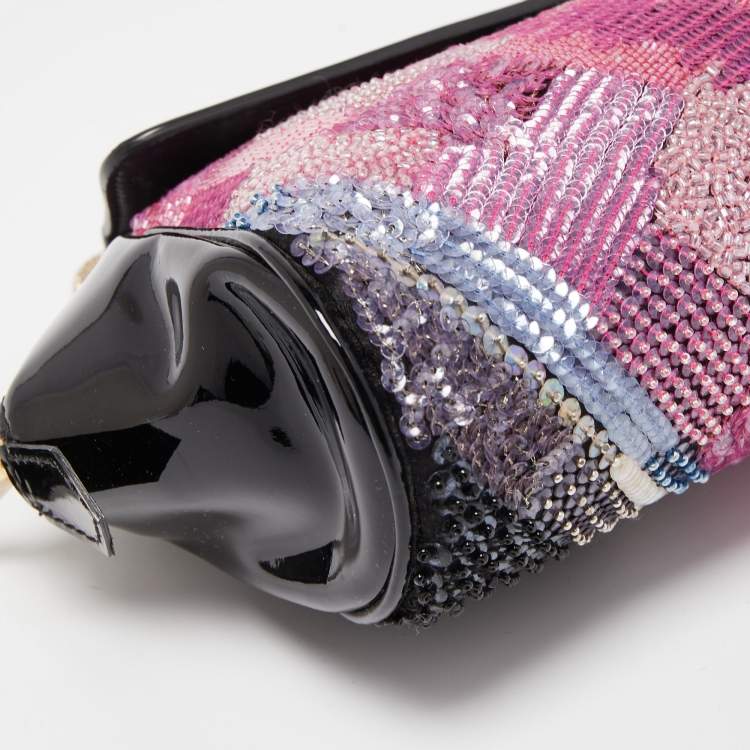 Pre Owned Giorgio Armani Black/Multicolor Patent Leather Beaded Shoulder Bag
