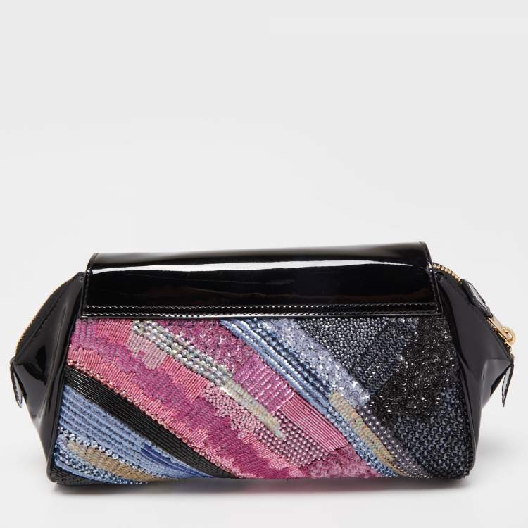 Pre Owned Giorgio Armani Black/Multicolor Patent Leather Beaded Shoulder Bag