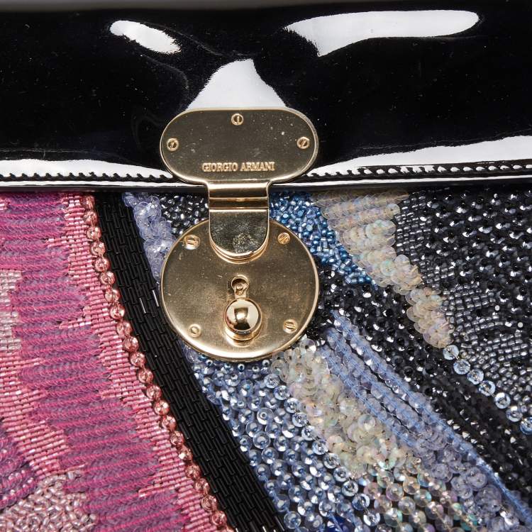 Pre Owned Giorgio Armani Black/Multicolor Patent Leather Beaded Shoulder Bag
