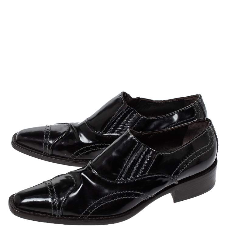 Pre Owned Giorgio Armani Black Patent Leather Stitch Detailed Slip On Loafer Size 38.5