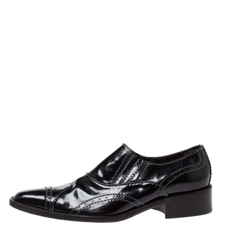 Pre Owned Giorgio Armani Black Patent Leather Stitch Detailed Slip On Loafer Size 38.5