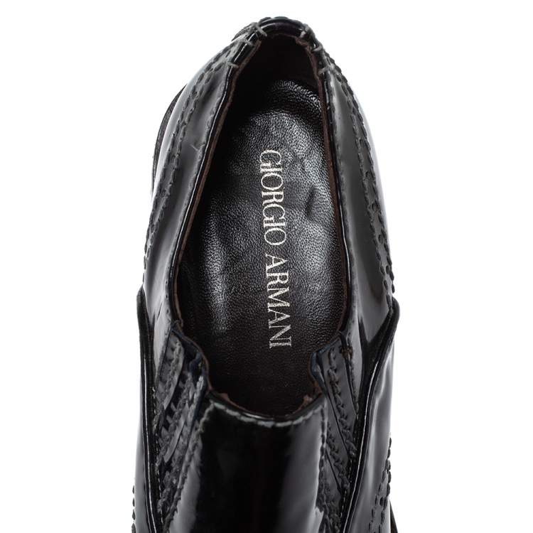 Pre Owned Giorgio Armani Black Patent Leather Stitch Detailed Slip On Loafer Size 38.5