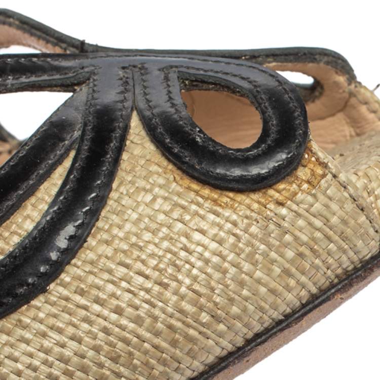 Pre Owned Giorgio Armani Beige/Black Raffia And Patent Butterfly Peep Toe Pumps Size 36
