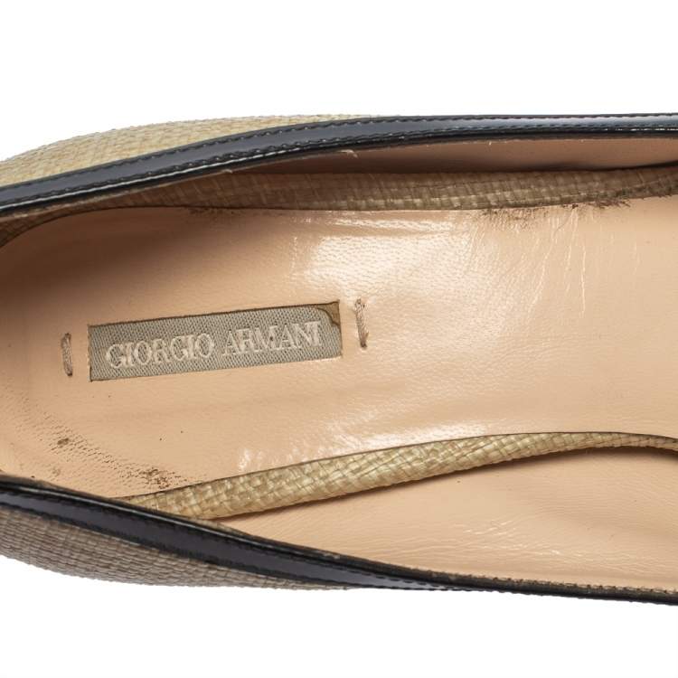 Pre Owned Giorgio Armani Beige/Black Raffia And Patent Butterfly Peep Toe Pumps Size 36