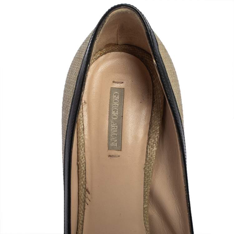 Pre Owned Giorgio Armani Beige/Black Raffia And Patent Butterfly Peep Toe Pumps Size 36
