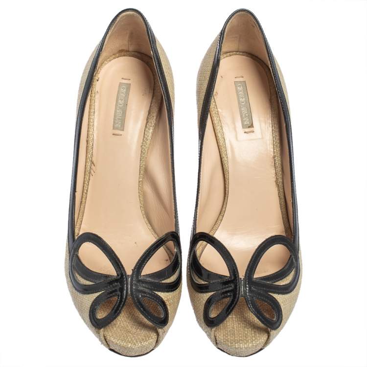 Pre Owned Giorgio Armani Beige/Black Raffia And Patent Butterfly Peep Toe Pumps Size 36