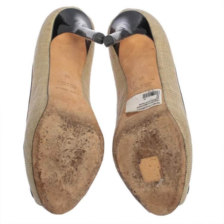 Pre Owned Giorgio Armani Beige/Black Raffia And Patent Butterfly Peep Toe Pumps Size 36