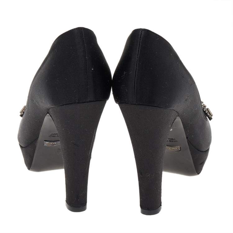 Pre Owned Giorgio Armani Black Satin Crystal Embellished Peep Toe Platform Pumps Size 36