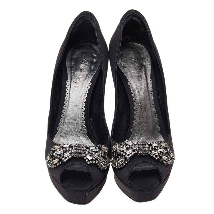 Pre Owned Giorgio Armani Black Satin Crystal Embellished Peep Toe Platform Pumps Size 36