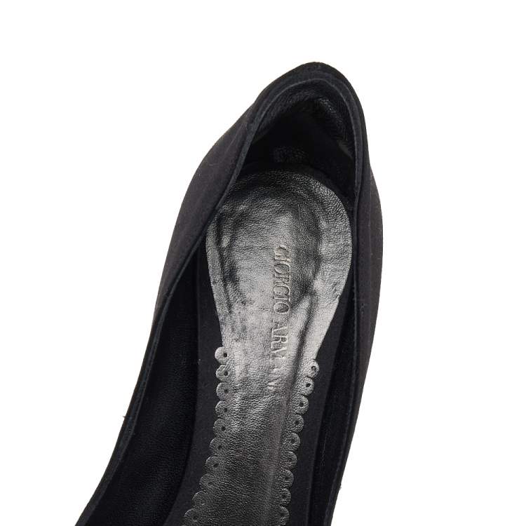 Pre Owned Giorgio Armani Black Satin Crystal Embellished Peep Toe Platform Pumps Size 36