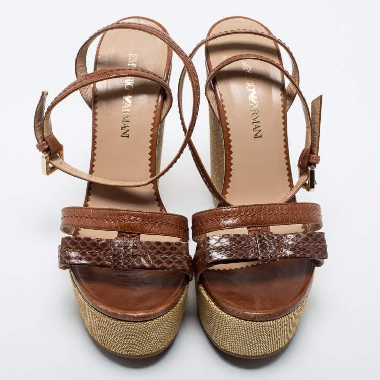 Pre Owned Giorgio Armani Brown Python and Leather Wedge Sandals Size 38.5
