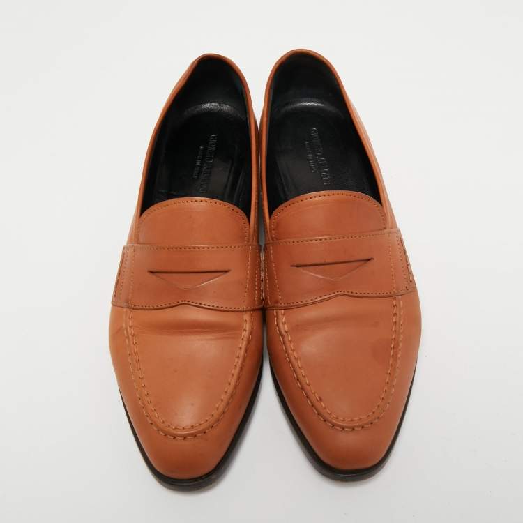 Pre Owned Giorgio Armani Brown Leather Slip On Loafers Size 36.5