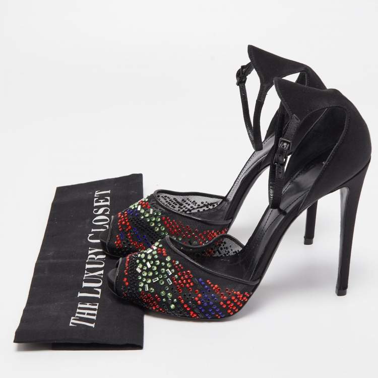 Pre Owned Giorgio Armani Black Satin and Mesh Crystals Ankle Strap Sandals Size 40