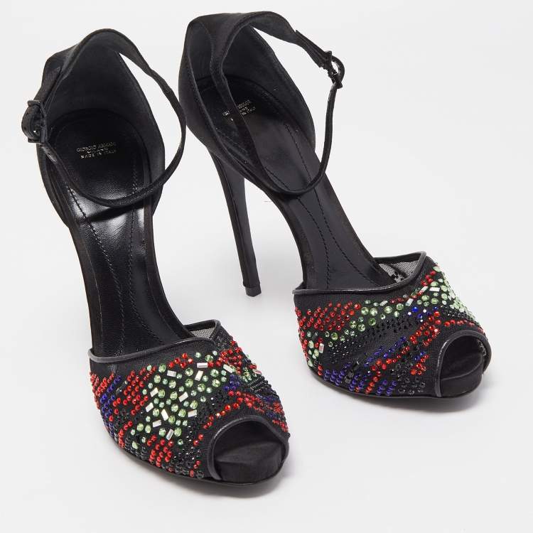Pre Owned Giorgio Armani Black Satin and Mesh Crystals Ankle Strap Sandals Size 40