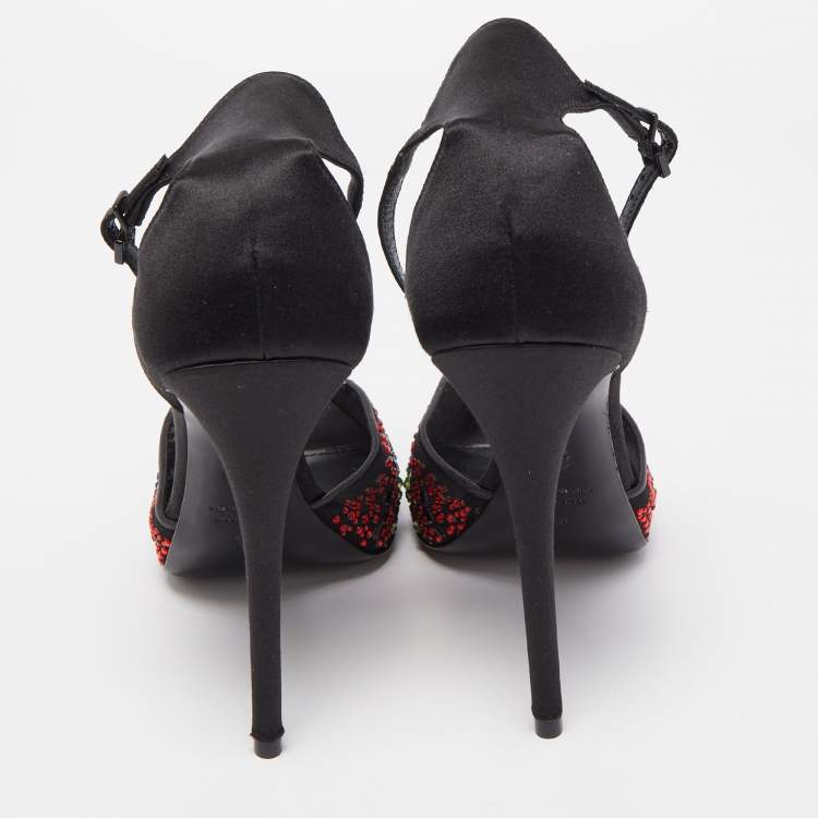 Pre Owned Giorgio Armani Black Satin and Mesh Crystals Ankle Strap Sandals Size 40
