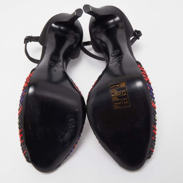 Pre Owned Giorgio Armani Black Satin and Mesh Crystals Ankle Strap Sandals Size 40