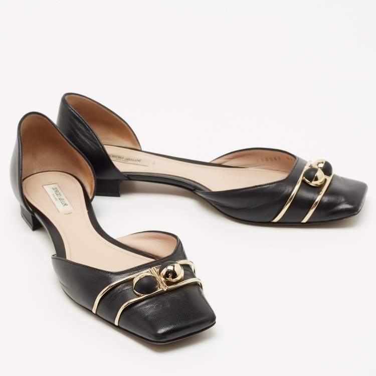 Pre Owned Giorgio Armani Black  Leather Buckle Embellished Square Toe Ballet Flats Size 39 