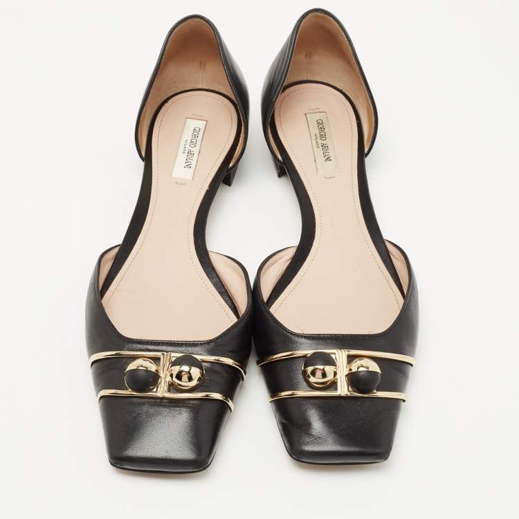 Pre Owned Giorgio Armani Black  Leather Buckle Embellished Square Toe Ballet Flats Size 39 