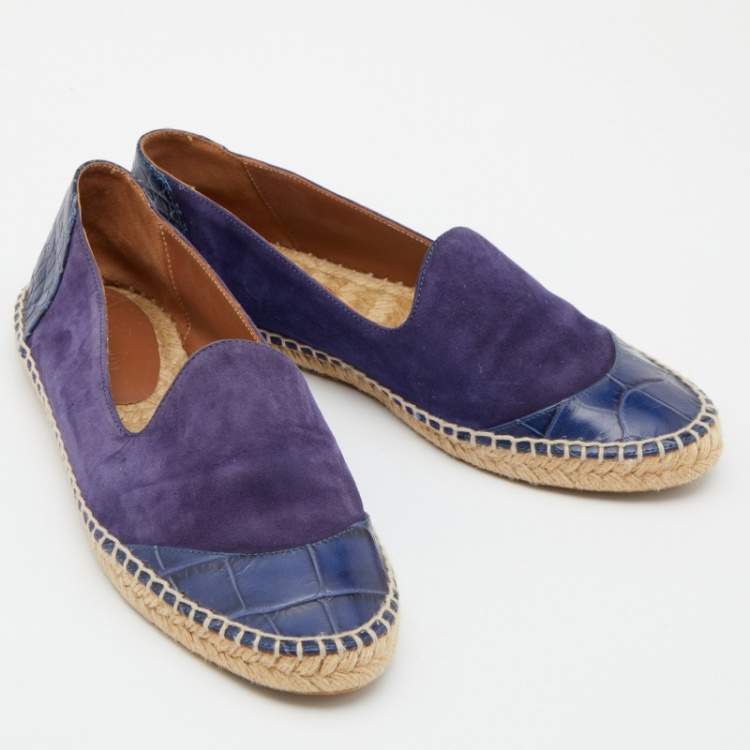 Pre Owned Giorgio Armani Blue Croc Embossed Leather and Suede Espadrille Flats Size 38
