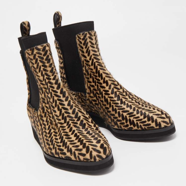 Pre Owned Emporio Armani Brown/Beige Calf Hair Chelsea Ankle Boots Size 38