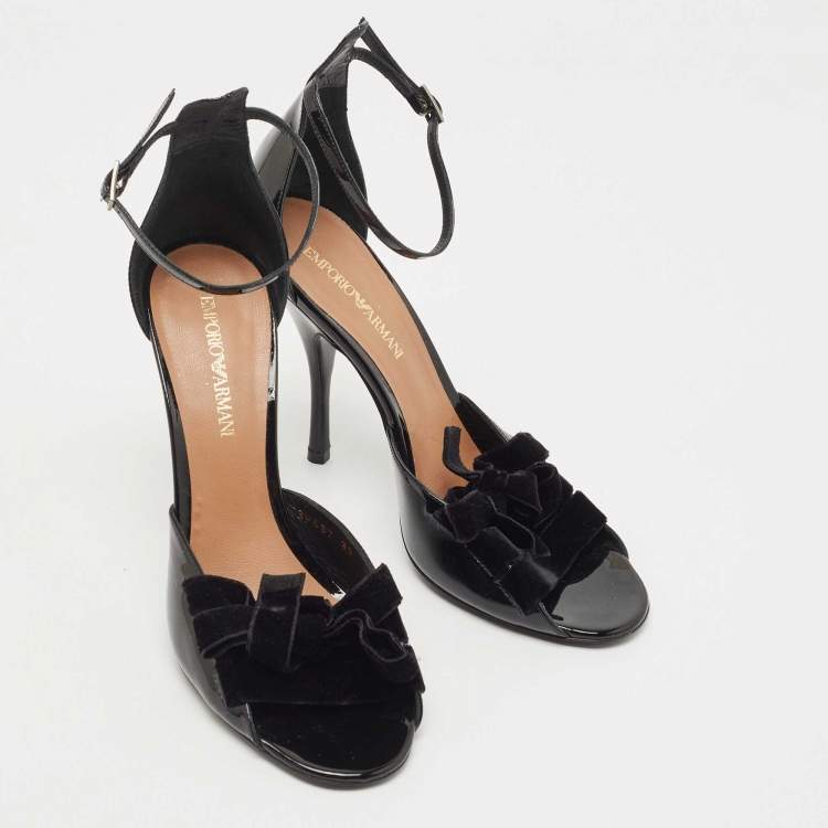 Pre Owned Giorgio Armani Black Velvet and Patent Leather Ankle Strap Sandals Size 39