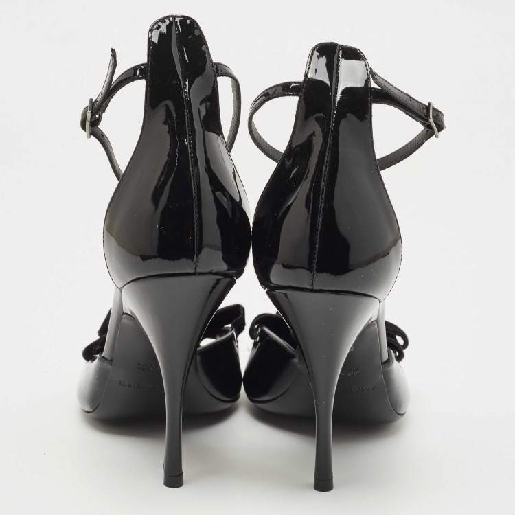 Pre Owned Giorgio Armani Black Velvet and Patent Leather Ankle Strap Sandals Size 39