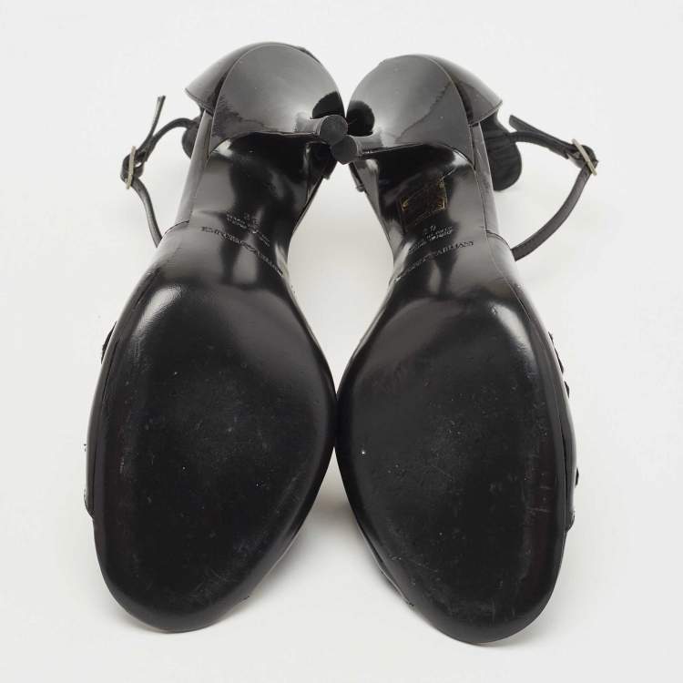 Pre Owned Giorgio Armani Black Velvet and Patent Leather Ankle Strap Sandals Size 39