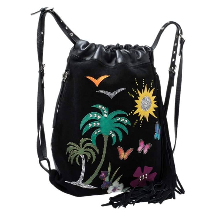 Pre Owned Giuseppe Zanotti Black Nubuck and Leather Tropical Embroidered Fringe Backpack
