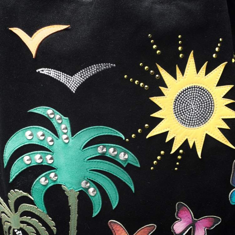 Pre Owned Giuseppe Zanotti Black Nubuck and Leather Tropical Embroidered Fringe Backpack