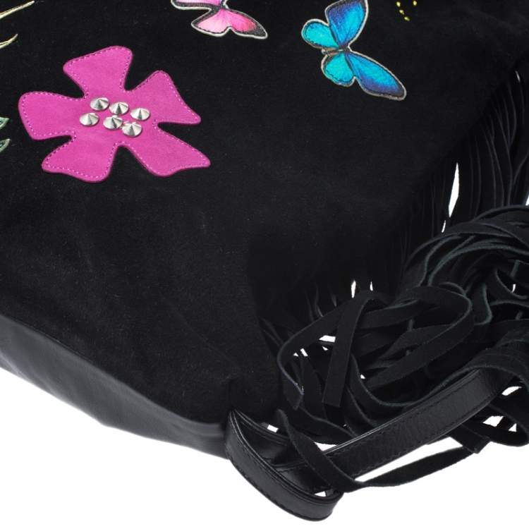 Pre Owned Giuseppe Zanotti Black Nubuck and Leather Tropical Embroidered Fringe Backpack