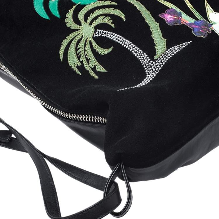 Pre Owned Giuseppe Zanotti Black Nubuck and Leather Tropical Embroidered Fringe Backpack