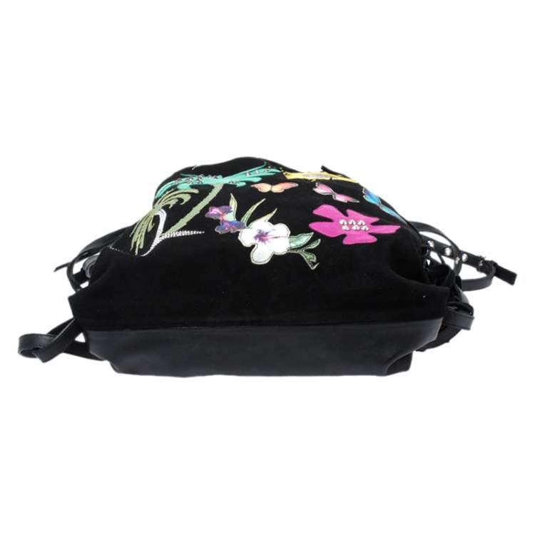 Pre Owned Giuseppe Zanotti Black Nubuck and Leather Tropical Embroidered Fringe Backpack