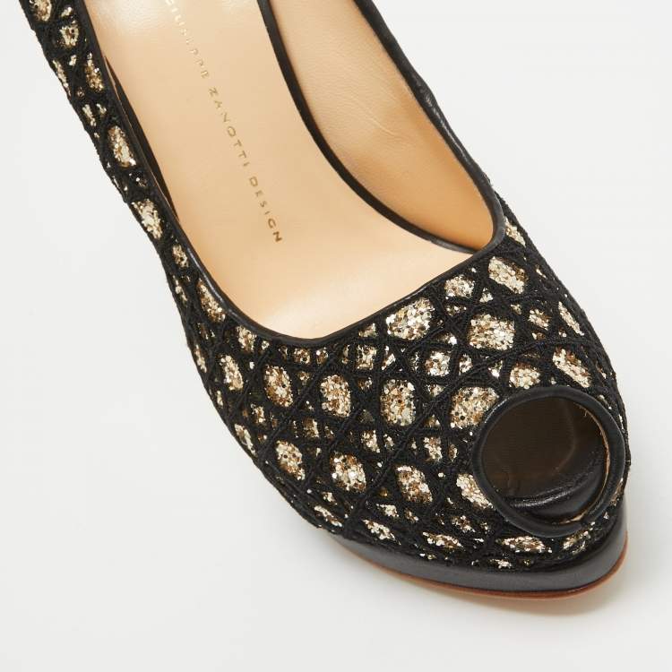 Pre Owned Giuseppe Zanotti Black/Gold Mesh and Glitter Platform Pumps Size 41