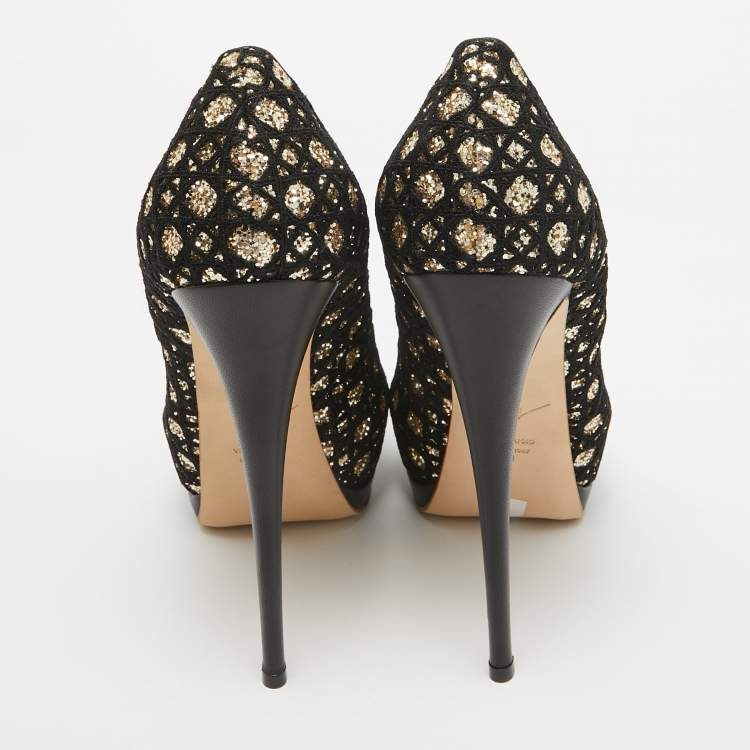 Pre Owned Giuseppe Zanotti Black/Gold Mesh and Glitter Platform Pumps Size 41