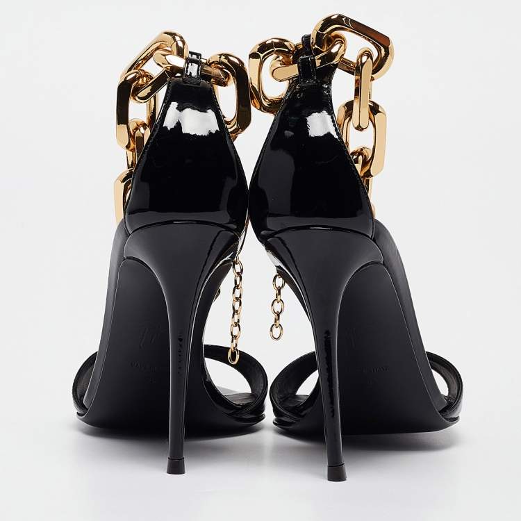 Pre Owned Giuseppe Zanotti Black Patent Leather Intriigo Chain Sandals Size 36