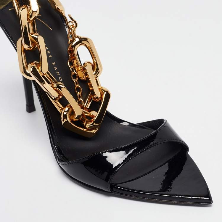 Pre Owned Giuseppe Zanotti Black Patent Leather Intriigo Chain Sandals Size 36