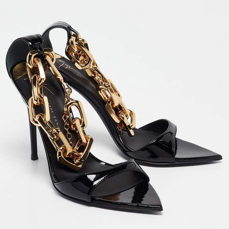 Pre Owned Giuseppe Zanotti Black Patent Leather Intriigo Chain Sandals Size 36