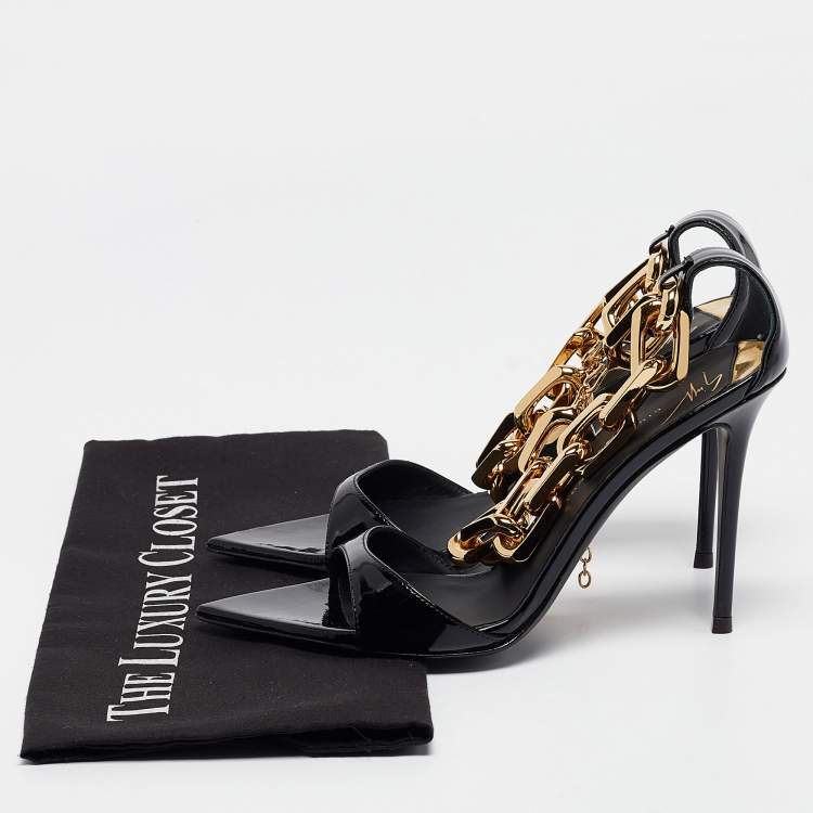Pre Owned Giuseppe Zanotti Black Patent Leather Intriigo Chain Sandals Size 36