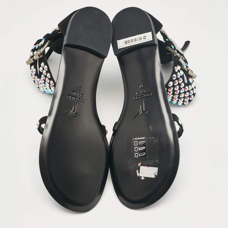 Pre Owned Giuseppe Zanotti Black Suede Crystal Embellished Thong Ankle Cuff Flat Sandals Size 37