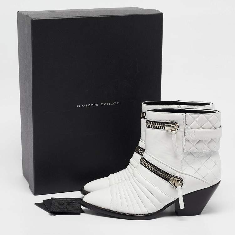 Pre Owned Giuseppe Zanotti White Quilted Leather Ankle Boots Size 38
