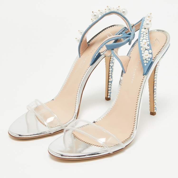 Pre Owned Giuseppe Zanotti Blue Suede and PVC Beaded Slingback Sandals Size 40