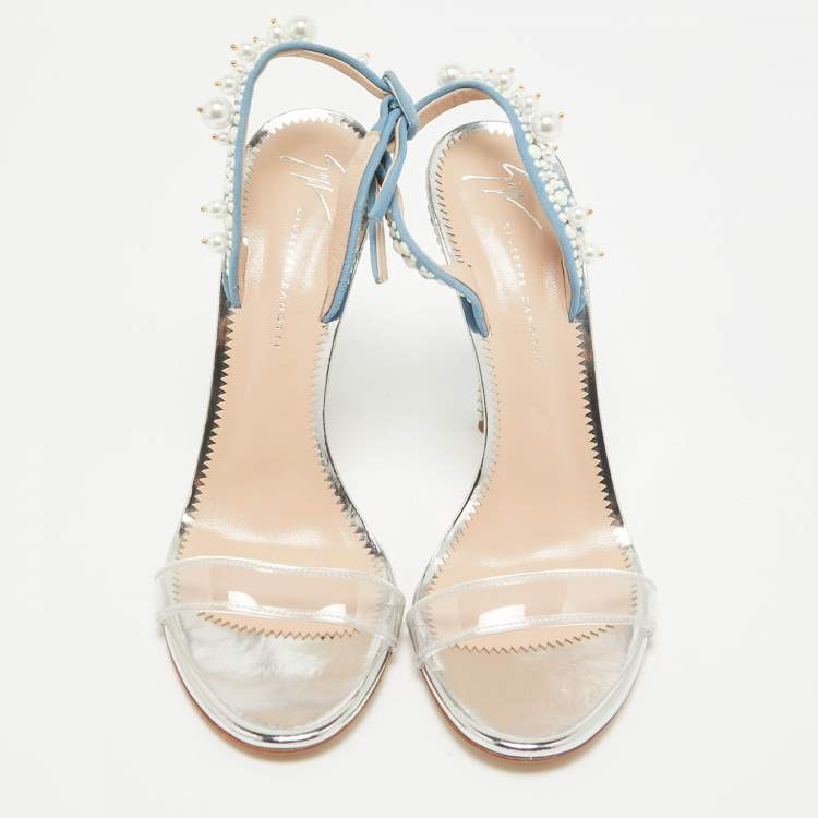 Pre Owned Giuseppe Zanotti Blue Suede and PVC Beaded Slingback Sandals Size 40