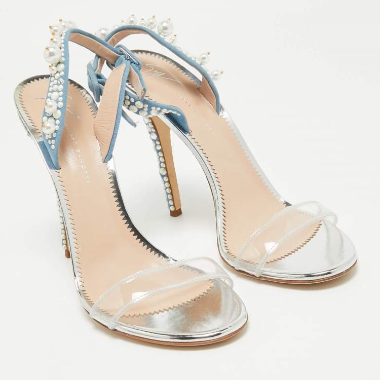 Pre Owned Giuseppe Zanotti Blue Suede and PVC Beaded Slingback Sandals Size 40