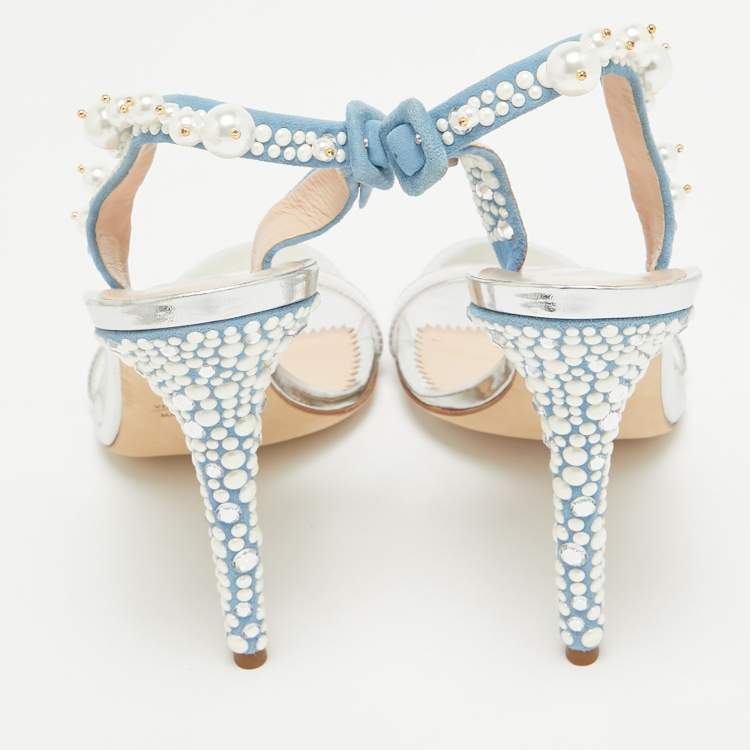 Pre Owned Giuseppe Zanotti Blue Suede and PVC Beaded Slingback Sandals Size 40