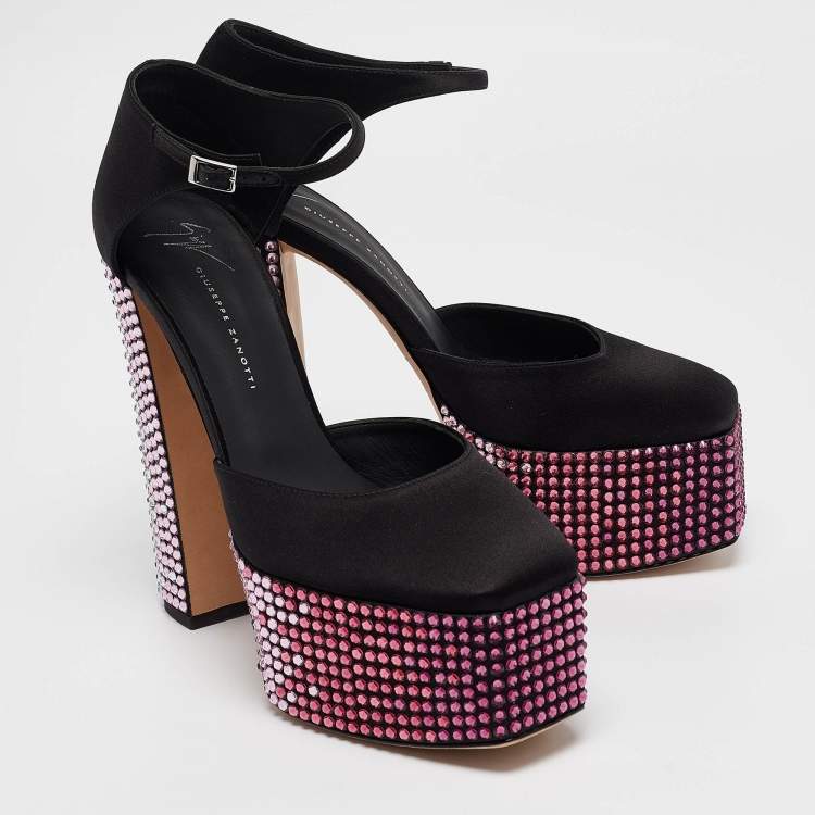Pre Owned Giuseppe Zanotti Black Satin Crystal Embellished Ankle Strap Sandals 39