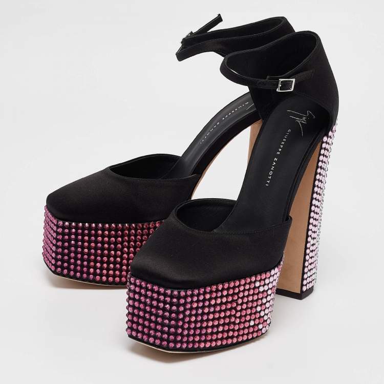 Pre Owned Giuseppe Zanotti Black Satin Crystal Embellished Ankle Strap Sandals 39