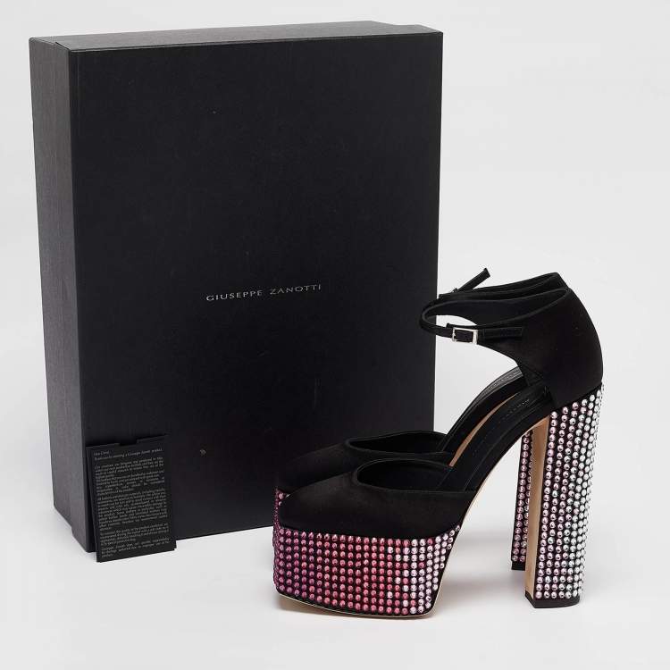Pre Owned Giuseppe Zanotti Black Satin Crystal Embellished Ankle Strap Sandals 39