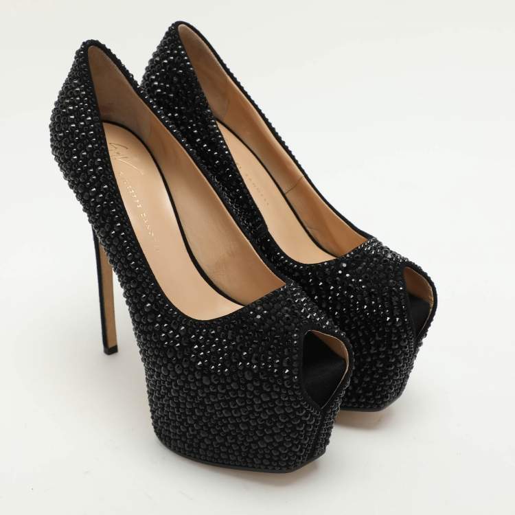 مملوكة مسبقًا Giuseppe Zanotti Black Suede Embellished Platform Pumps Size 37.5