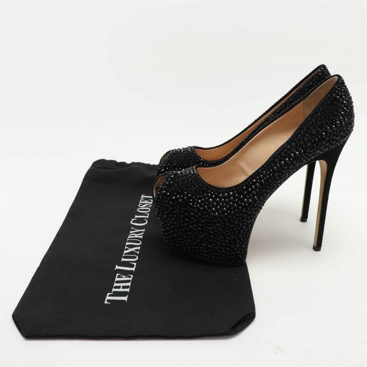 مملوكة مسبقًا Giuseppe Zanotti Black Suede Embellished Platform Pumps Size 37.5