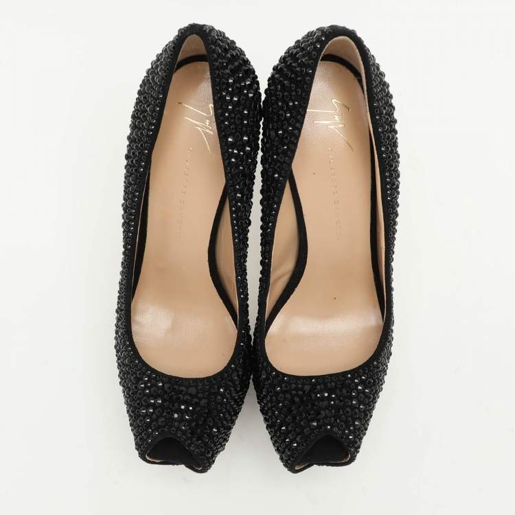 مملوكة مسبقًا Giuseppe Zanotti Black Suede Embellished Platform Pumps Size 37.5